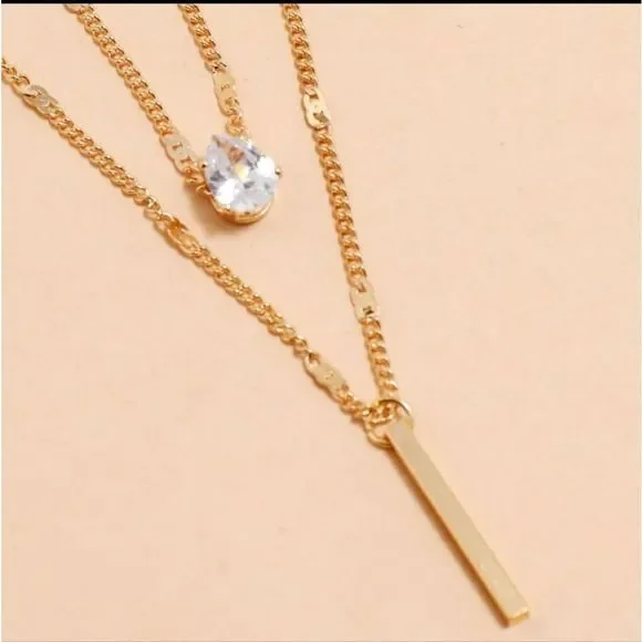 Crystal Drop Layered Gold Pendant Rhinestone Choker Statement Necklace - Picture 2 of 3